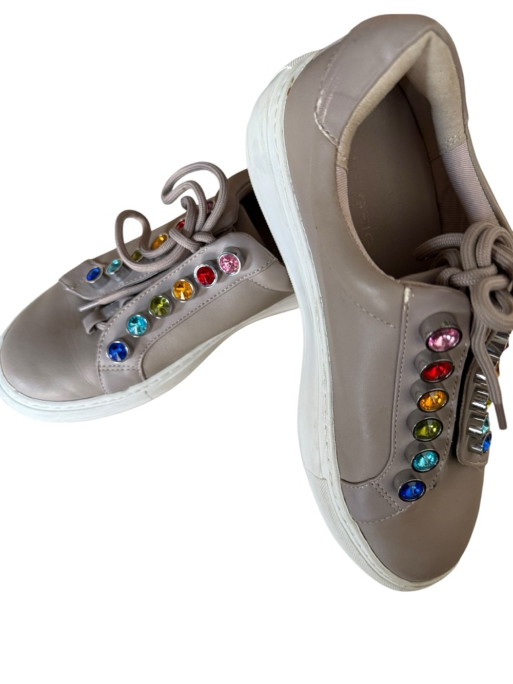 Kurt Geiger Taupe Leather Sneakers with Multicolor Gemstones